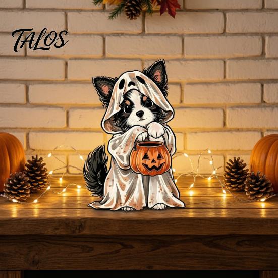 Halloween Party Supplies Wooden Ghost Ornament with Pumpkin Pattern, Double Sided Desktop Decoration, Spooky Tiered Tray Decor Decor, Wood Tabletop