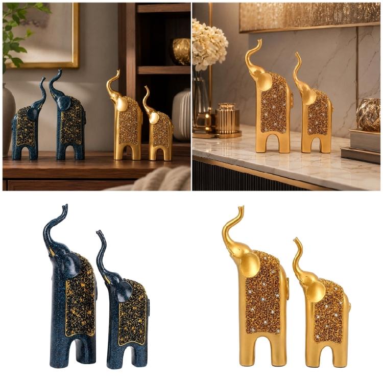 Decorative Elephant Figures, Two-Piece Sculptural Pair with Ornate Lifted-Nose Design for Office and Living Room Styling