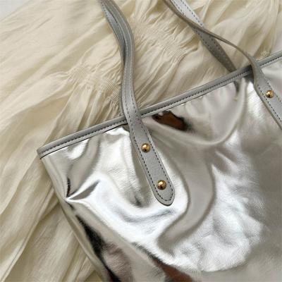2025 New Women's Shoulder Silver Tote Bag Large Capacity Simple Storage Bag Trendy Fashion Handbag Shopping Bag