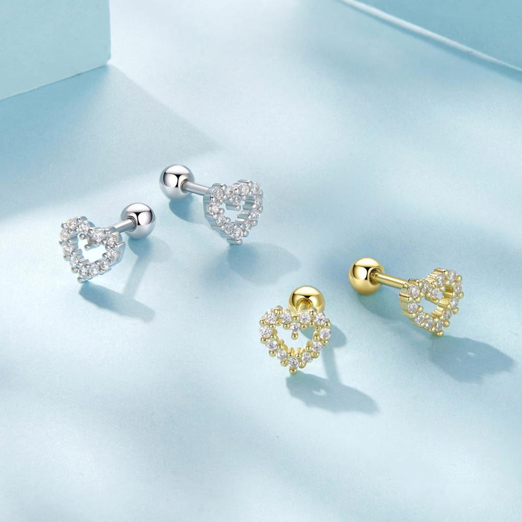 Silver heart earrings with crystals, gold-plated children's studs, 925 silver