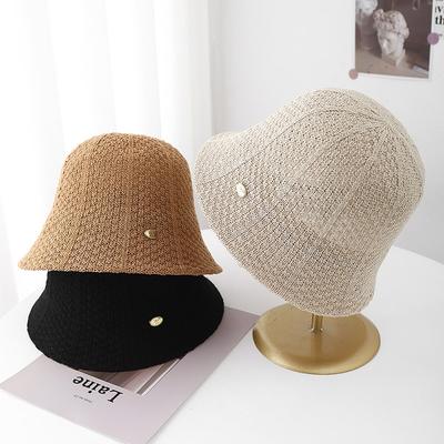 Damski dzianinowy kapelusz typu bucket Oddychający ażurowy design Na lato, plażę i podróże Prosty