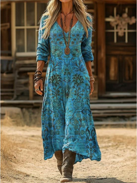 Women s Retro Floral Print Long Sleeve Dress - European & American Style S