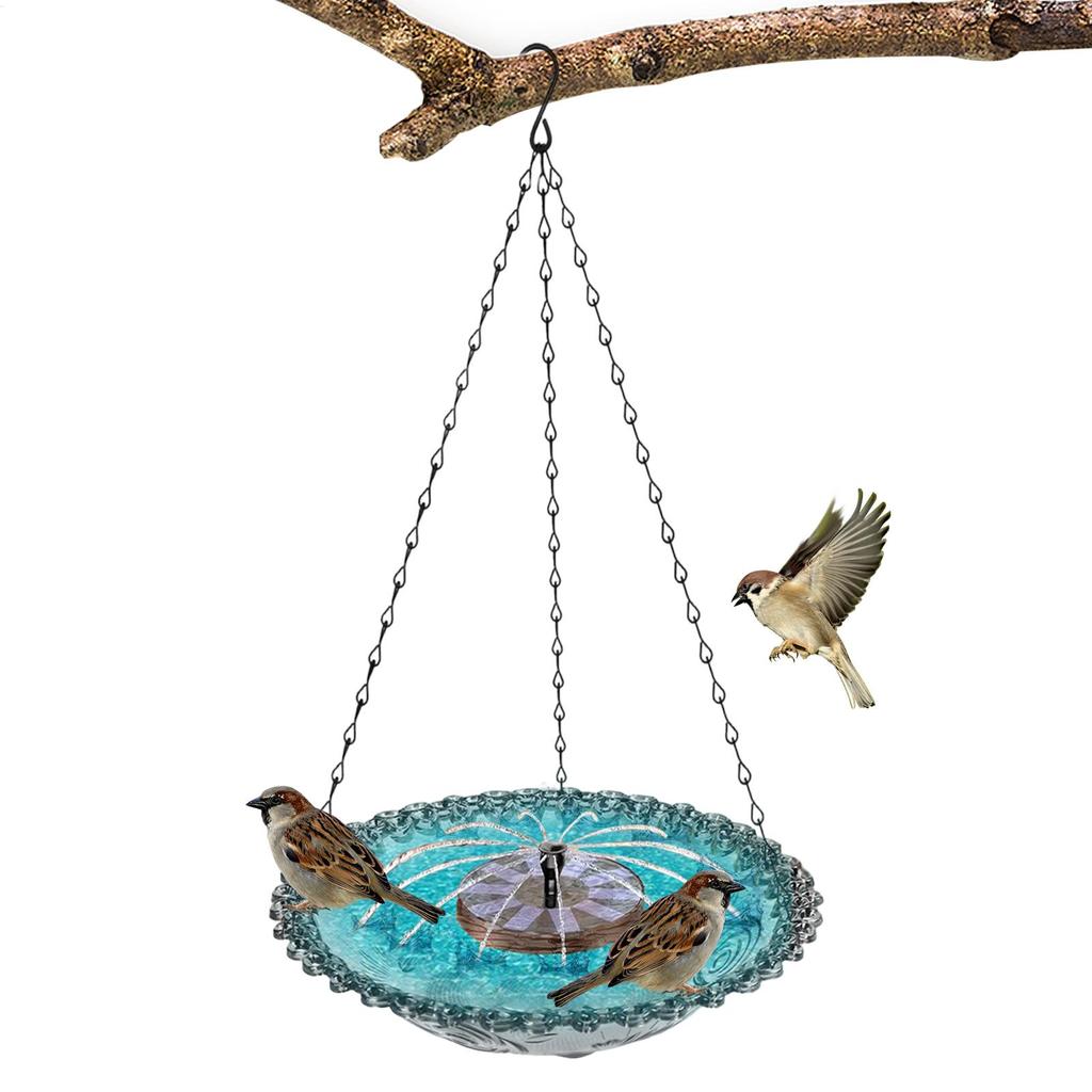 Bird Bath Fountain Hangable Hummingbird Water Bowl Bird Bath with Solar Fountain for Robin Sparrow Backyard Garden Landscaping