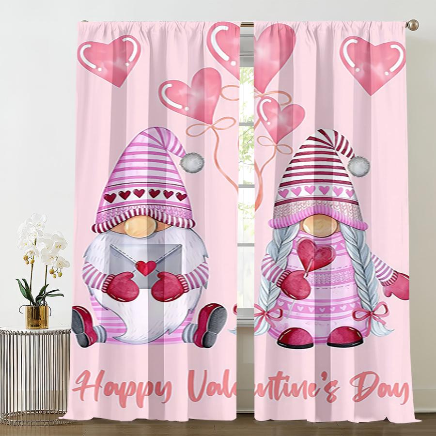 2PCS Pink Love Gnome Valentine's Day Curtains   Sweet Element Style   Bedroom and Living Room   Drawbar Pocket Decoration