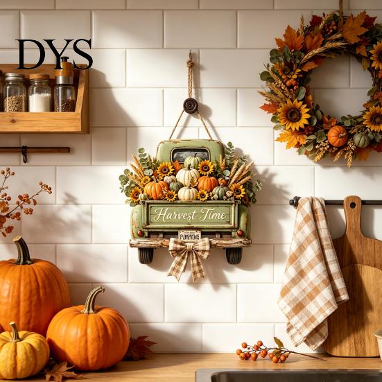 Wooden Hanging Sign for Front Door Harvest Pumpkin Truck Door, Fall with Theme Wall Art Hemp Rope, Distressed Farmhouse Welcome Sign, Autumn
