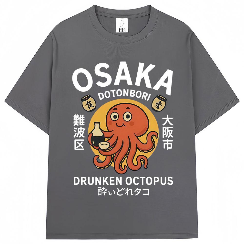 Japanese Style Drunken Octopus Osaka Graphic T Shirts Dotonbori Unisex Unisex Fashion Vintage Short Sleeve Oversized Cotton T Shirt
