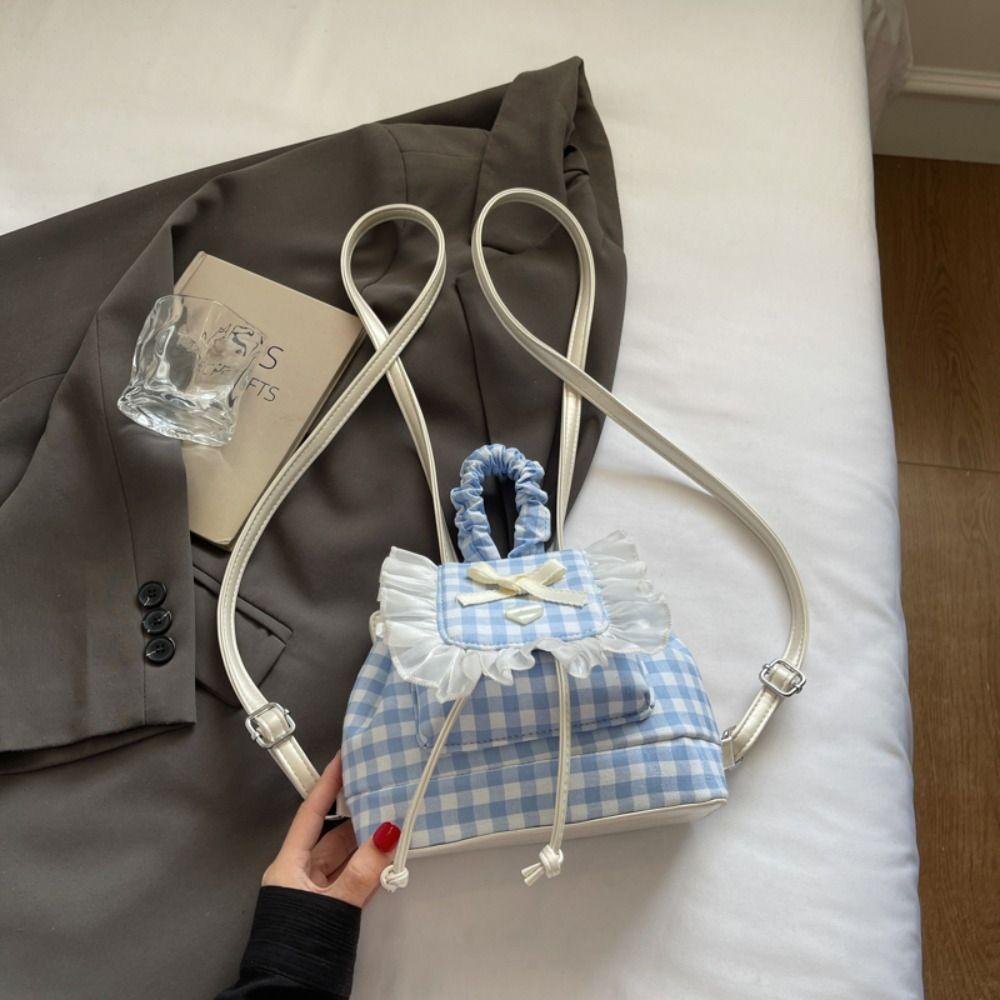 Canvas Lace Plaid Backpack Korean Style Bow Shoulder Bag Multi Functional Cherry Backpack  College