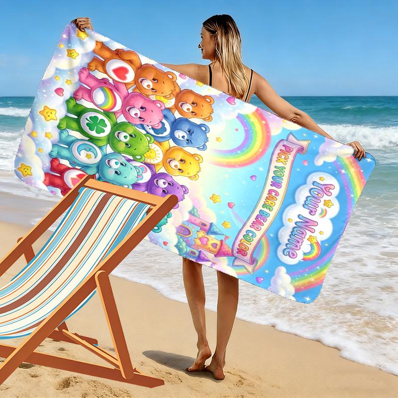 Name Custom Cartoon Care bears Print Beach Towel, Large Soft Quick Dry Towel for Beach Camping Swimming