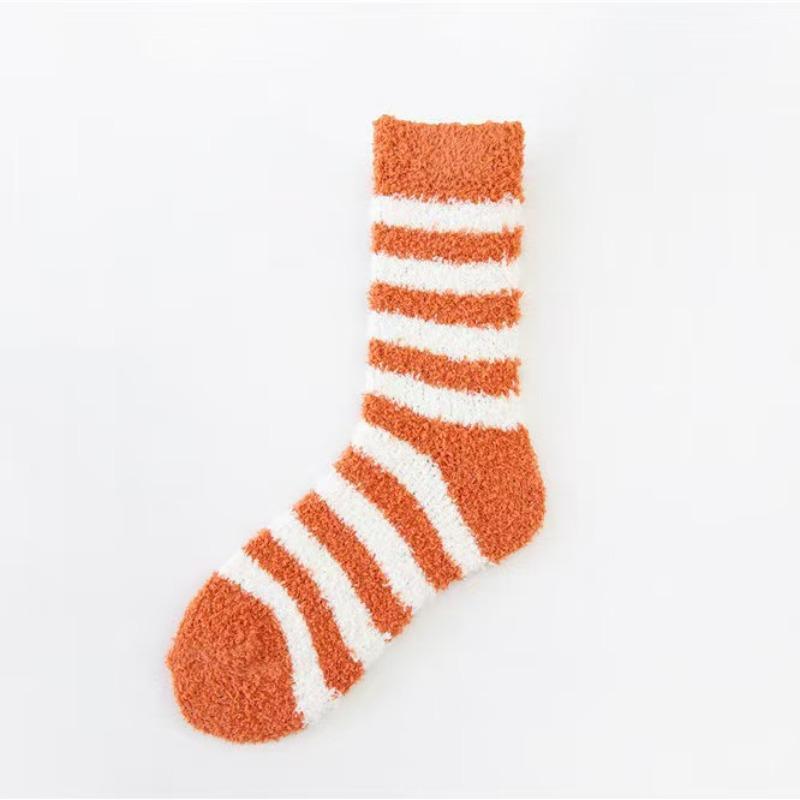 Autumn and winter women's striped coral fleece medium tube socks thickened thermal home floor socks women