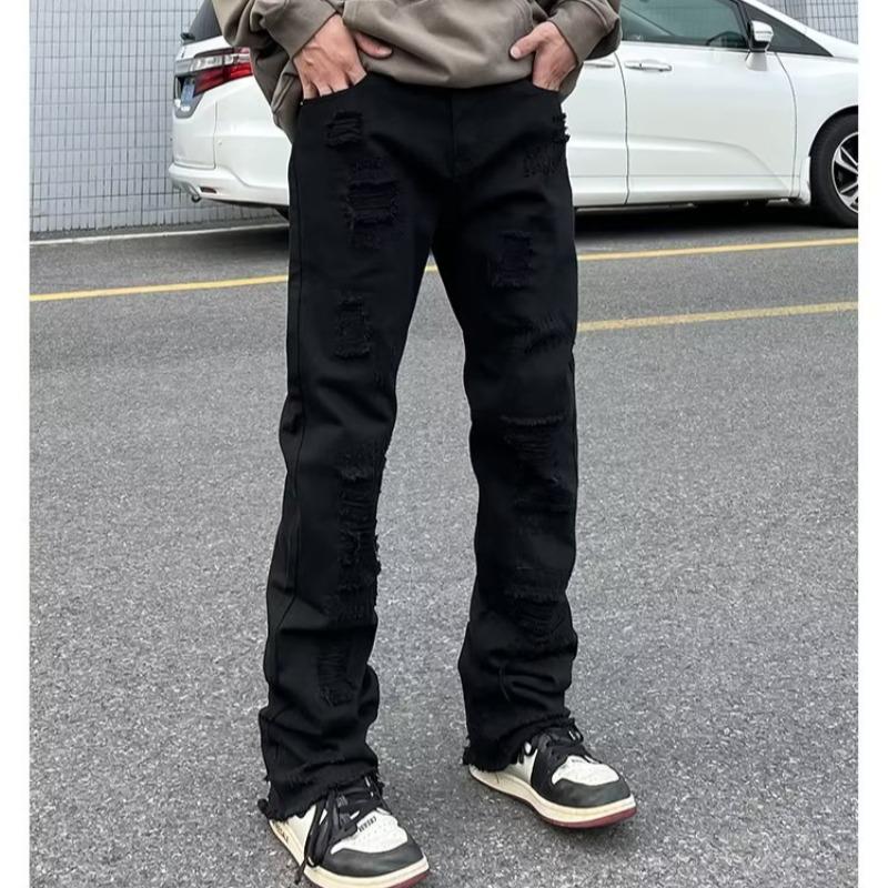 Pánské vintage černé roztrhané slim straight džíny s trendy high street rozšířeným designem