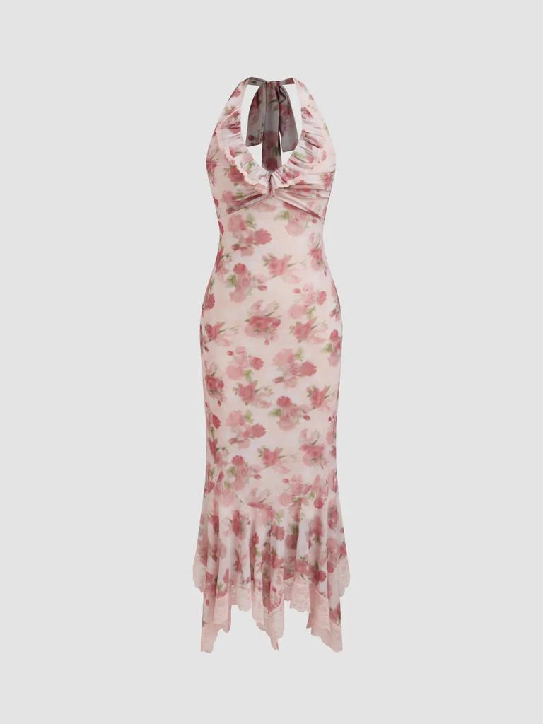 Early Summer Exquisite Neck Dress Floral Mesh Pleated Waist Fishtail Long Dress High-end Gentle Wind Dress