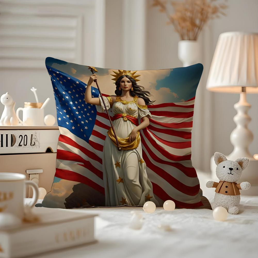 Independence Day Cushion Cover Anti-dustmite Pillowcase Invisible Zipper Silky Short Plush Sofa Cushion Cover