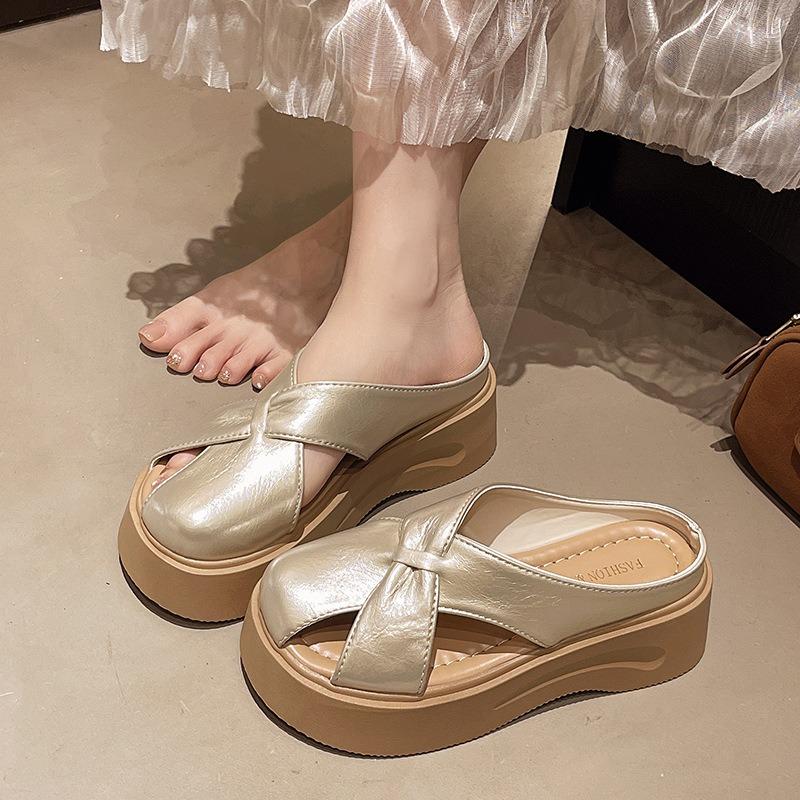 Casual Slippers Muffin Thick-soled Hollow Bag Head Cool Slippers Summer Comfortable Round Head Slippers Women