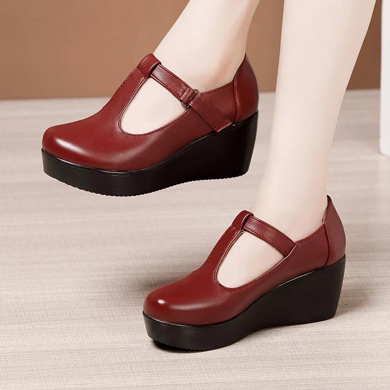 6cm Kleine Größe 32-43 T-Riemen Flache Mary Janes Damen Plateau-Pumps 2026 Herbst Mittlere Absätze Keile Schuhe für Büro Mama Tanz