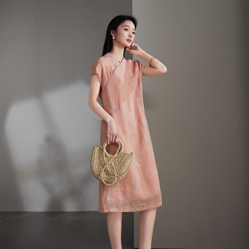SOFSIL New Chinese Style Embroidered Ramie Cheongsam Dress