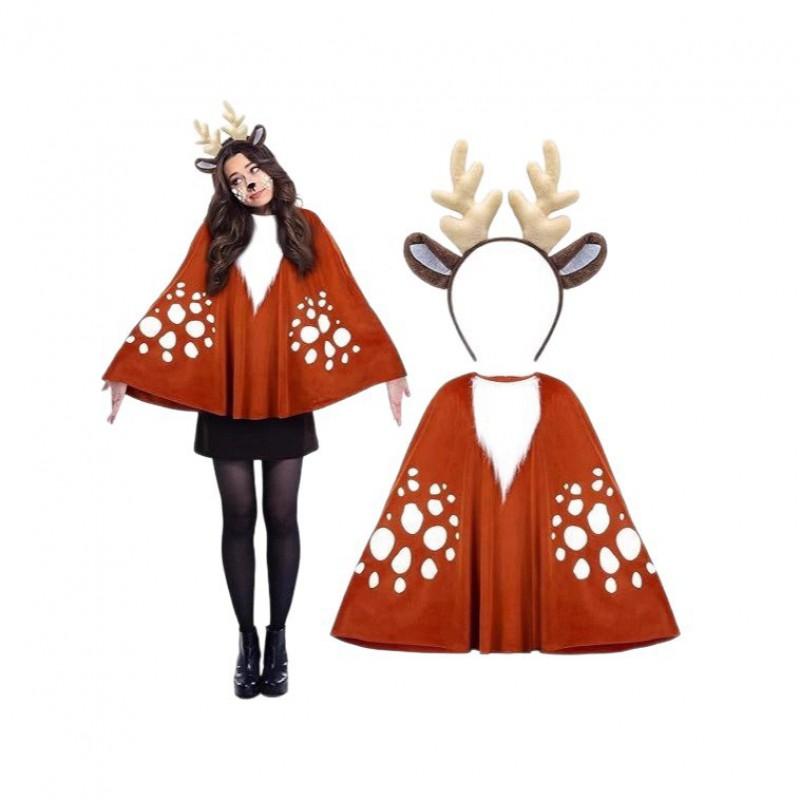 Christmas Eve Reindeer Cloak Costume With Headband Face Stickers Cosplay Party
