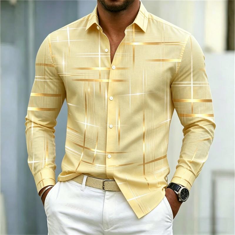 2026 Men's Shirt with Fashionable Printed Lines, Checkered Long Sleeved Shirt, Lapel, Slim Fit, Business Casual Men's Shirt