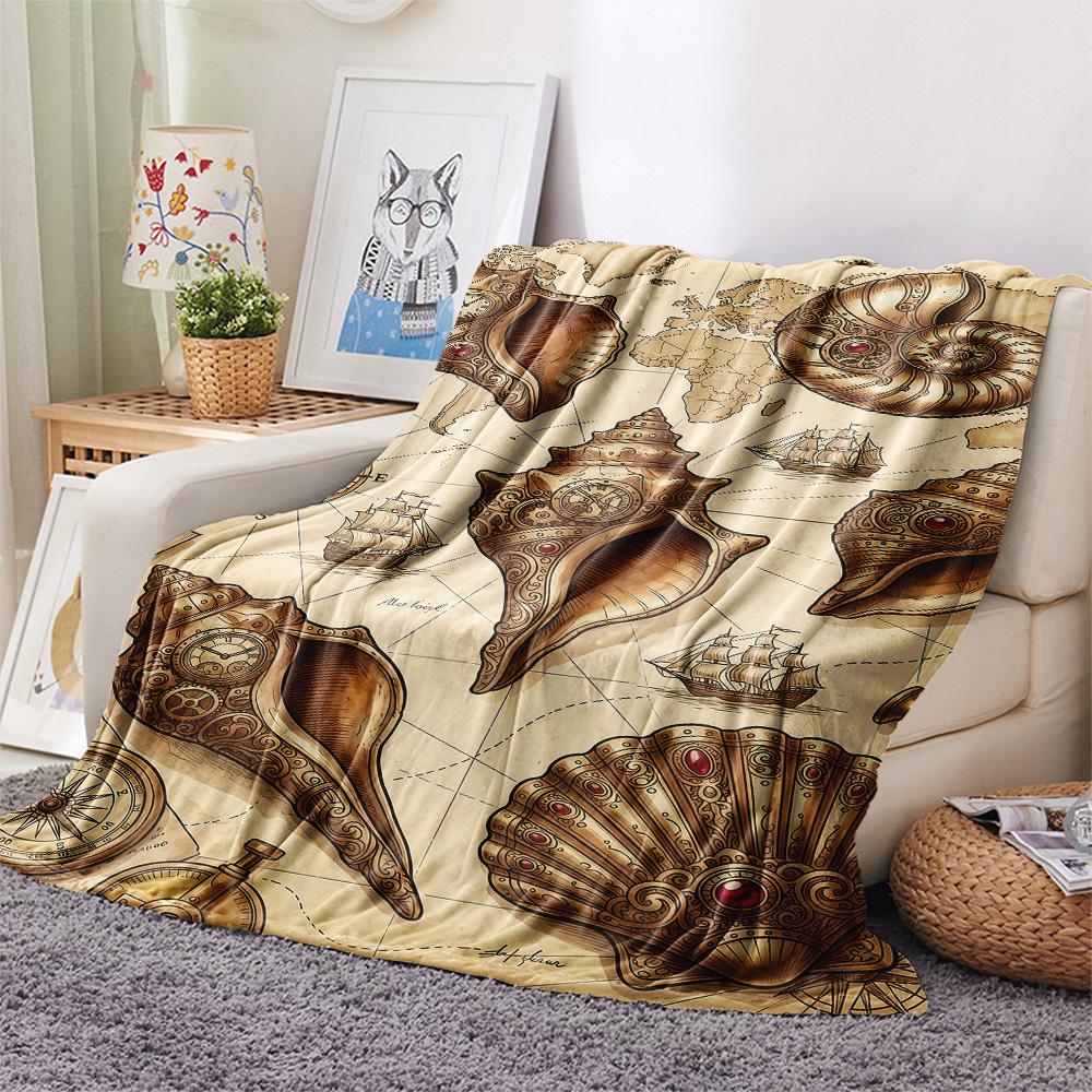 1PC Seashell  Print FlAannel Blanket, High quality Comfortable for All Seasons, Home Decor, Warmth and Comfort