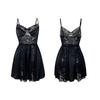 Lace Patchwork Satin Cami Nightgown Deep V Short Black/White Women's Loungewear 826 Classic Versatile Sleepwear with Timeless Monochrome Hues
