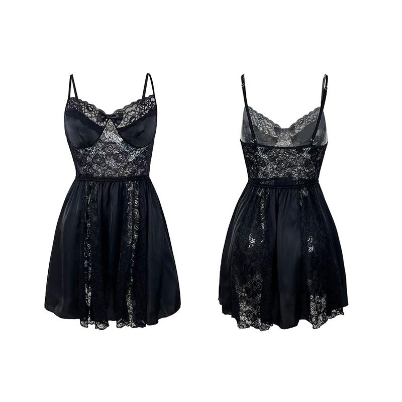 Lace Patchwork Satin Cami Nightgown Deep V Short Black/White Women's Loungewear 826 Classic Versatile Sleepwear with Timeless Monochrome Hues