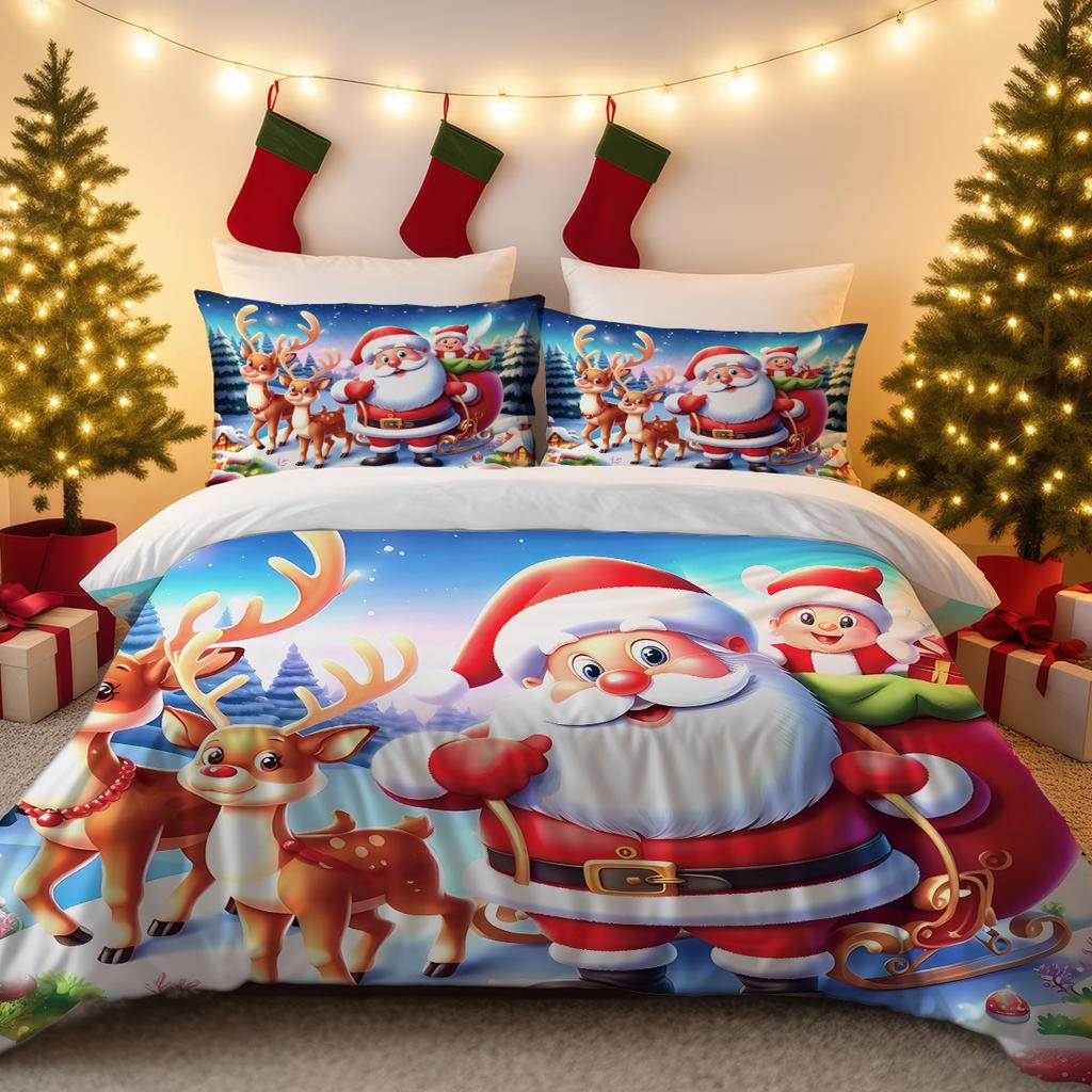 Husă de plapumă din trei piese Lenjerie de pat de Crăciun Față de pernă cu Moș Crăciun Husă de plapumă
