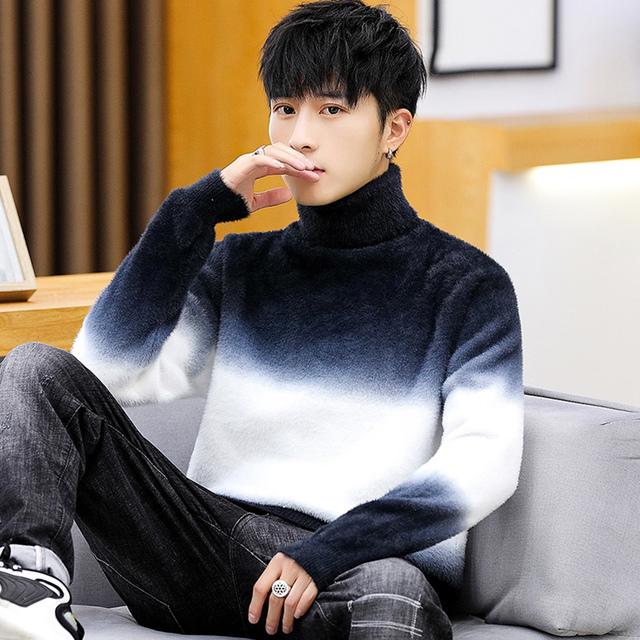 

Вязаный свитер для мужчин из искусственного норкового бархата, водолазка с длинным рукавом, топы с градиентом цвета, плюс бархатный утепленный трикотаж XXL синий