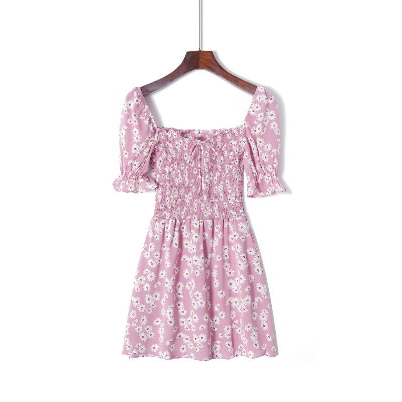 

French Royal Style Little Daisy off-Neck Elastic Waist-Tightening Dress Tea Break Bell Sleeve Retro Short Skirt Purple S