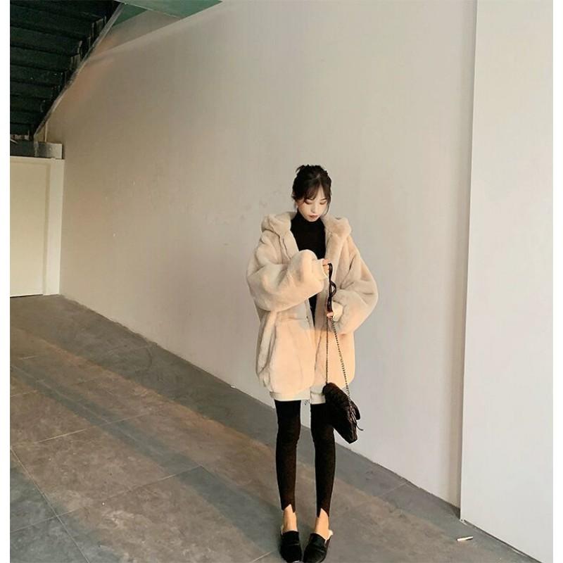 Womens Faux Rex Rabbit Fur Coat Winter Warm Hooded Oversized Parka Mid-Length Plus Size