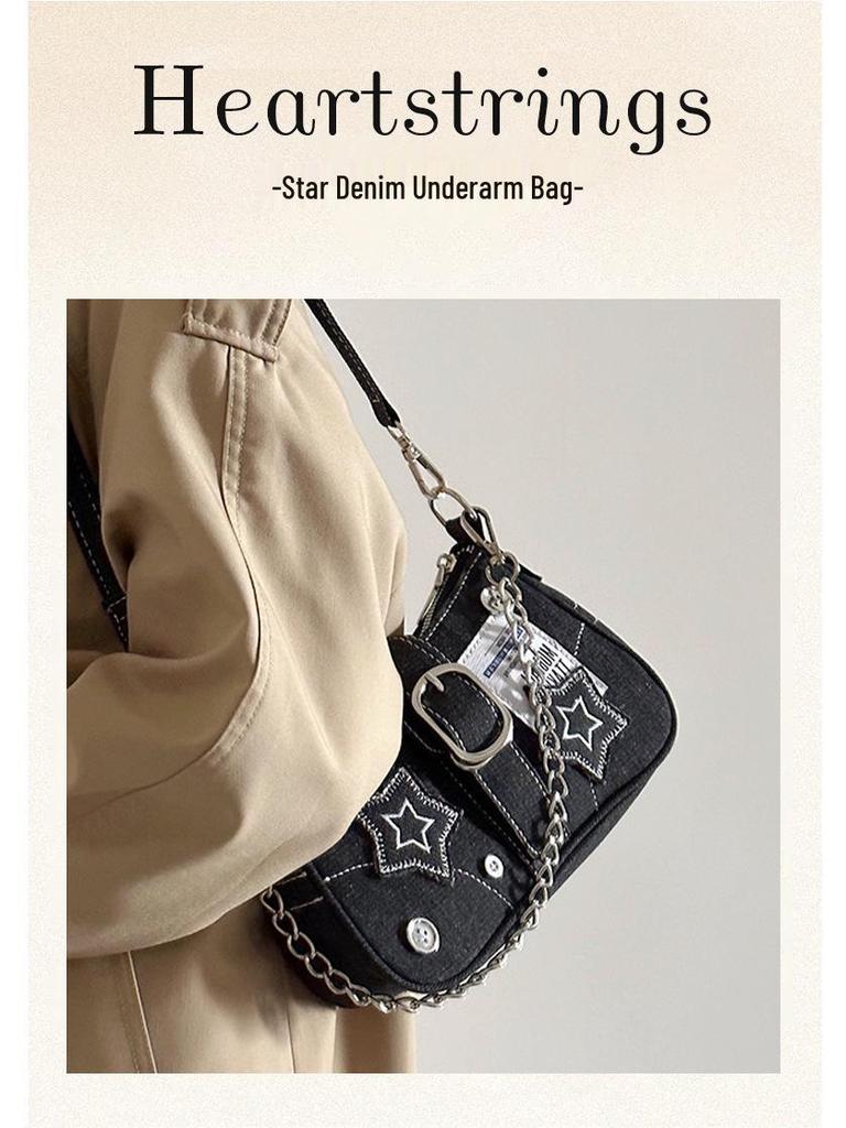 Y2K Millennial Star Denim Underarm Bag with Button Decor, Trendy Embroidered Canvas Tote