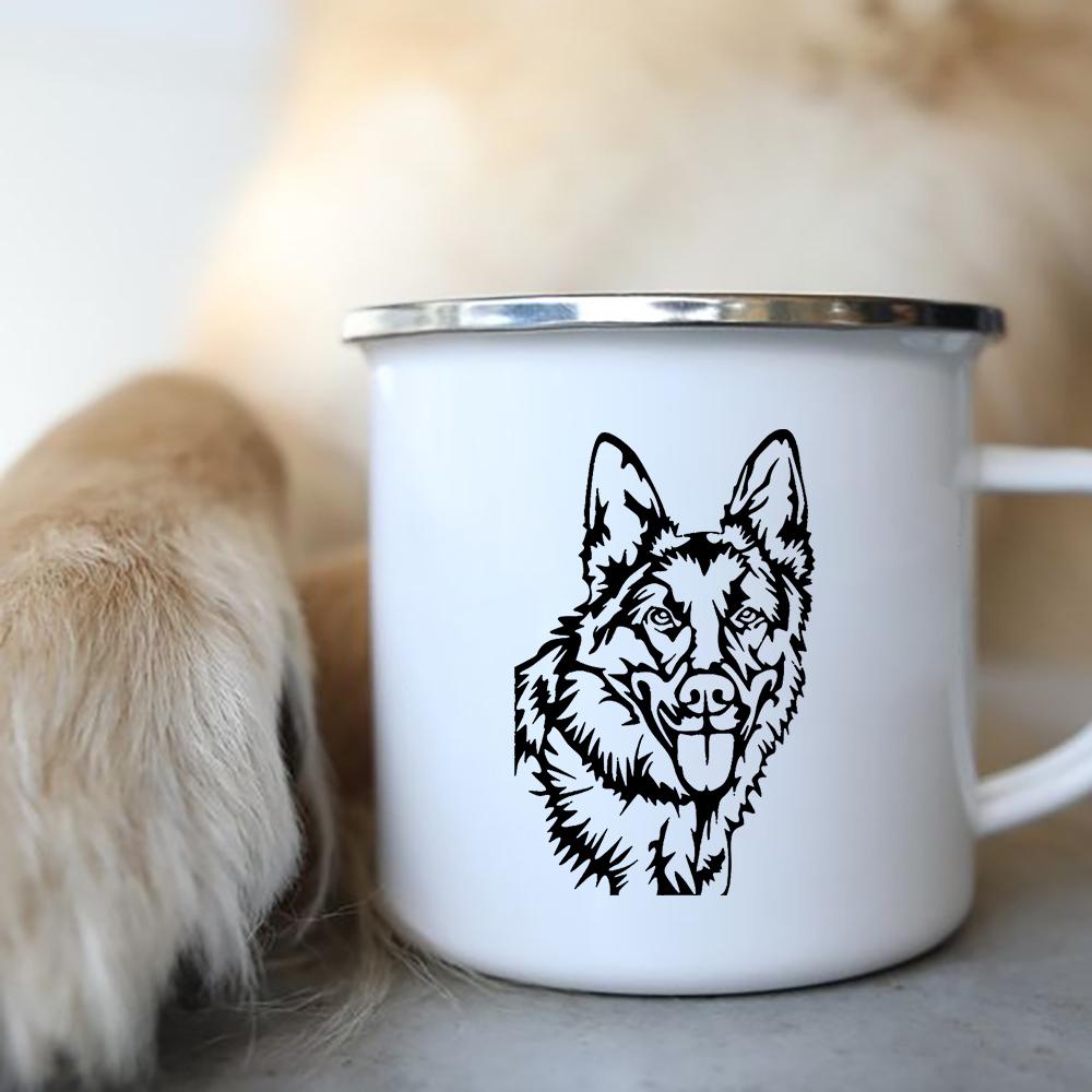 Coffee Tea Mugs Camping Adventure Beer Drink Juice Cups German Shepherd Print Creative Enamel Mug Handle Love Dog People Gifts