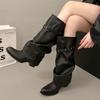 Botas de Caña Alta Holgadas Apiladas para Mujer con Remaches Vintage Hebilla de Metal Correa Tacón de Bloque Bajo Botas Vaqueras Calzado de Moda Retro Street