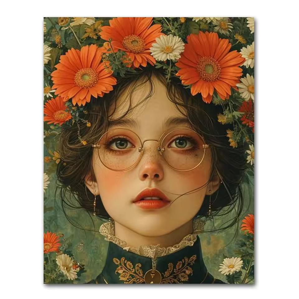 Beautiful Woman with Glasses Flower Canvas Painting Modern Wall Art Woman Character Posters and Prints Living Room Home Decor