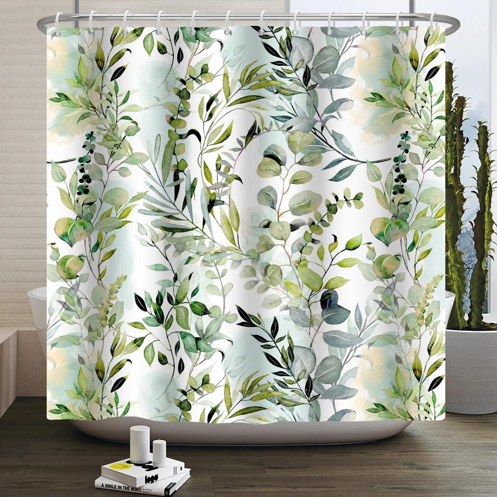 Tenda da doccia ad acquerello con foglie verdi per bagno, pianta di viti, minimalista nordica, in poliestere botanico per casa, hotel 180x240