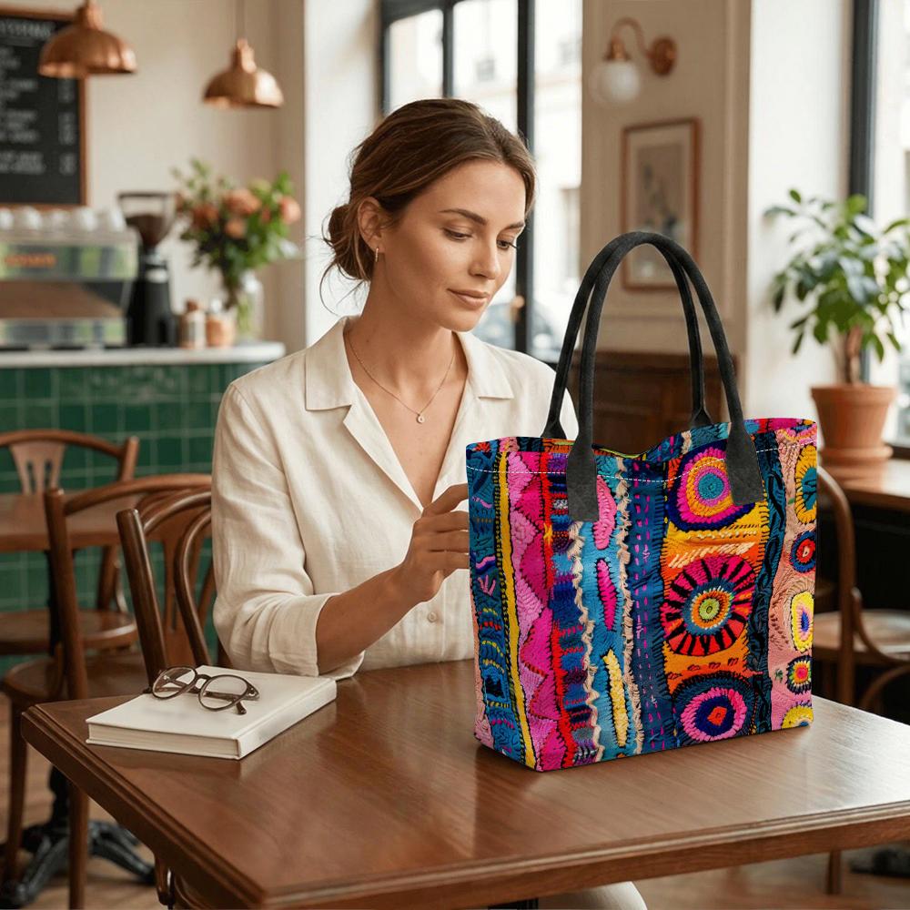  Bohemian Colorful Embroidery Tote Bag Casual Large Capacity Shoulder Handbag for Women Daily Use