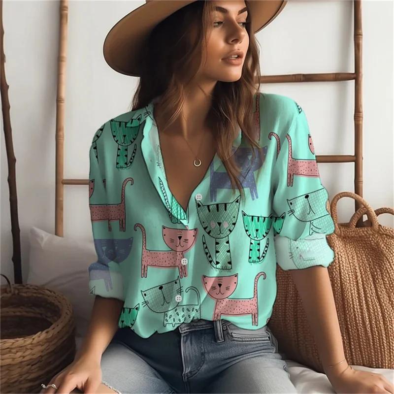 Sweet Cute Women's Shirt Casual Loose Comfortable Button Lapel Fashion Shirt Cartoon Cat Print Long Sleeve Blouses Spring