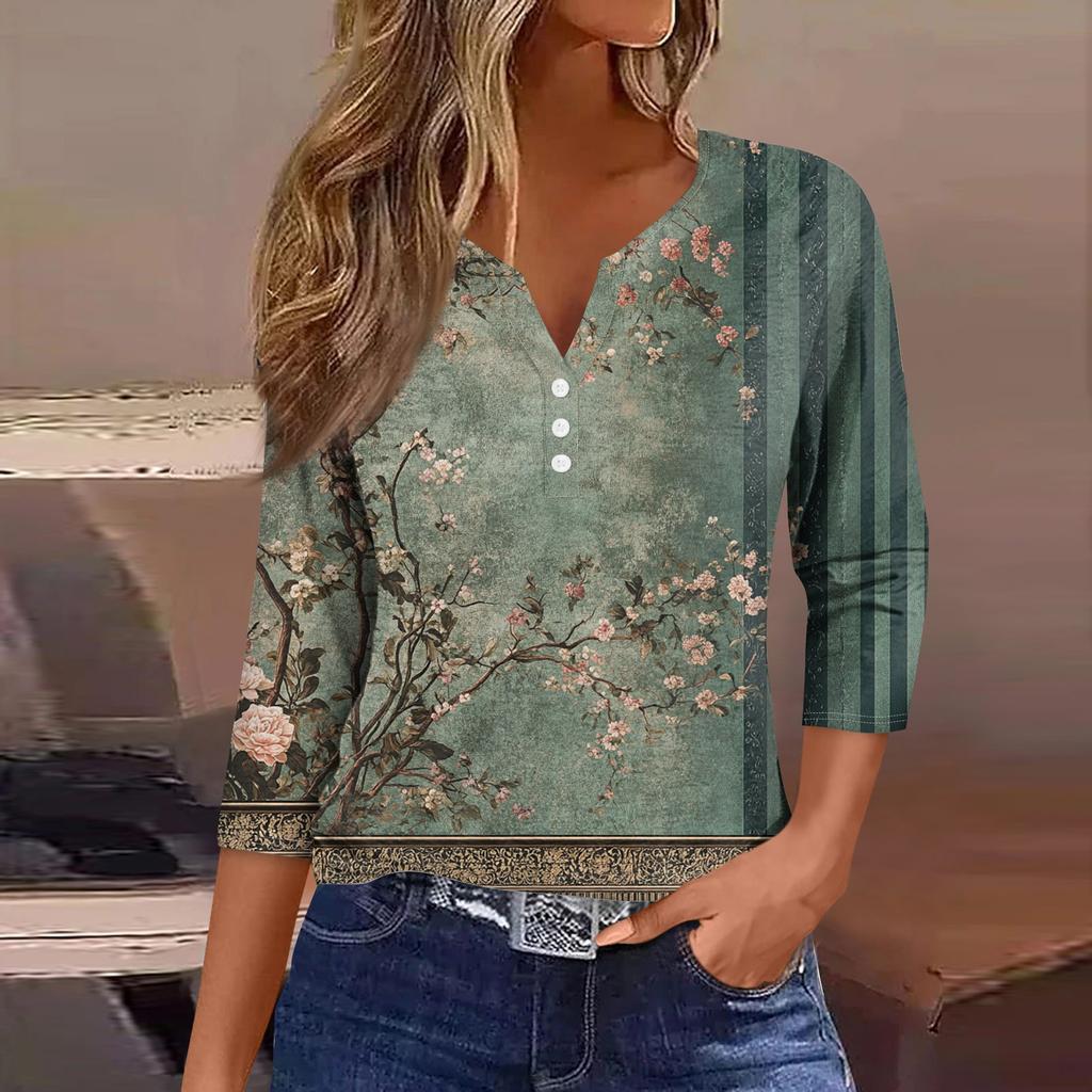 Women's Loose Casual Flower Print Seven Quarter Sleeved V-Neck Top Seven Quarter Sleeved V-Neck Top