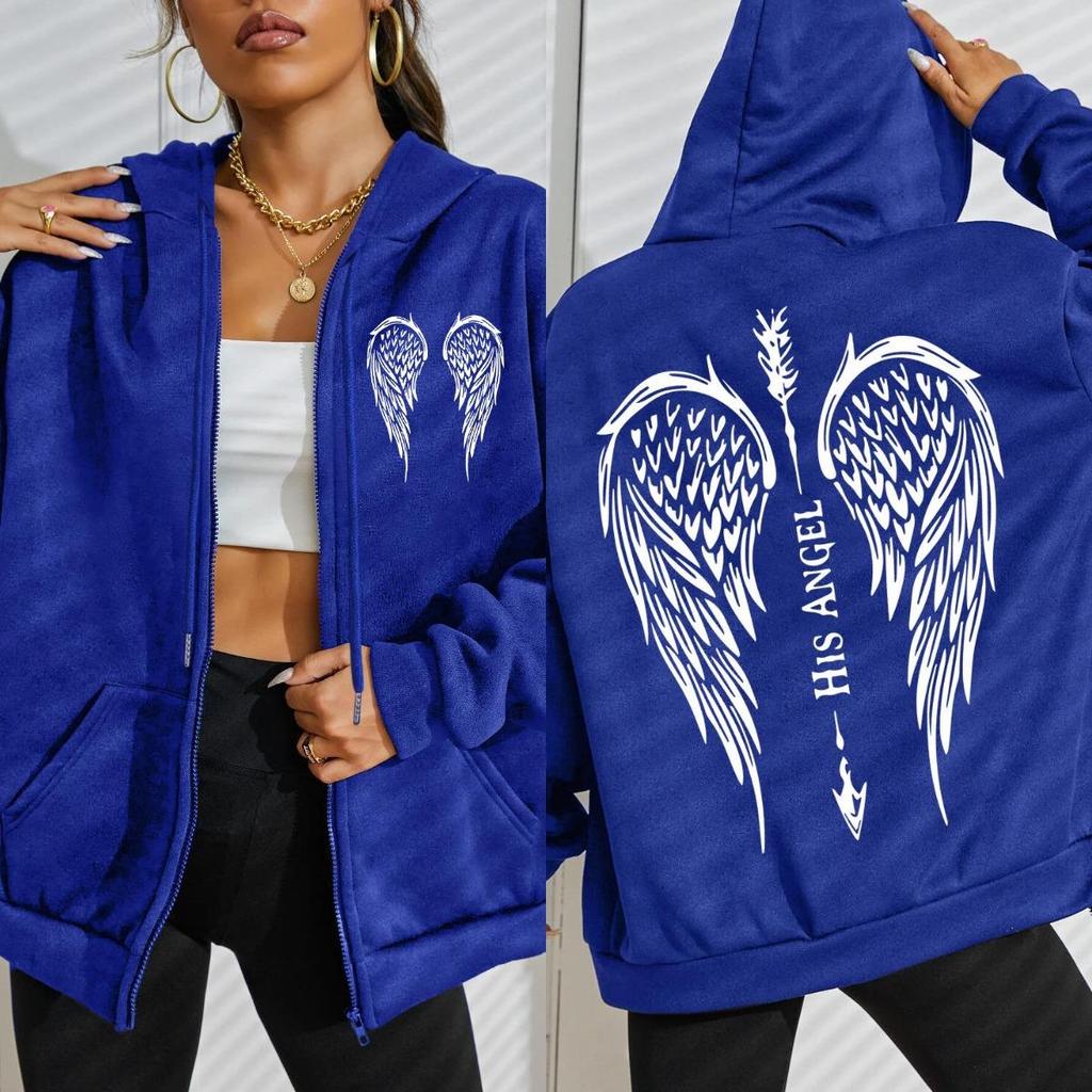 His Angel Creative Wings Art Letter Printing Zipper Hoodies Woman Hoodie Casual Soft Hoody Fleece Comfortable Streetwear