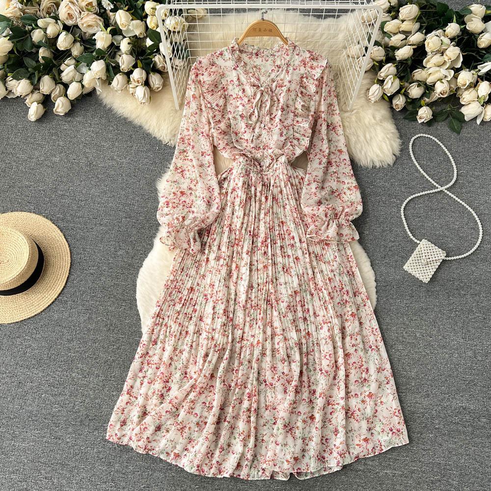 Spring new French V-neck long-sleeved waist temperament small fresh floral dress women's pleated long dress