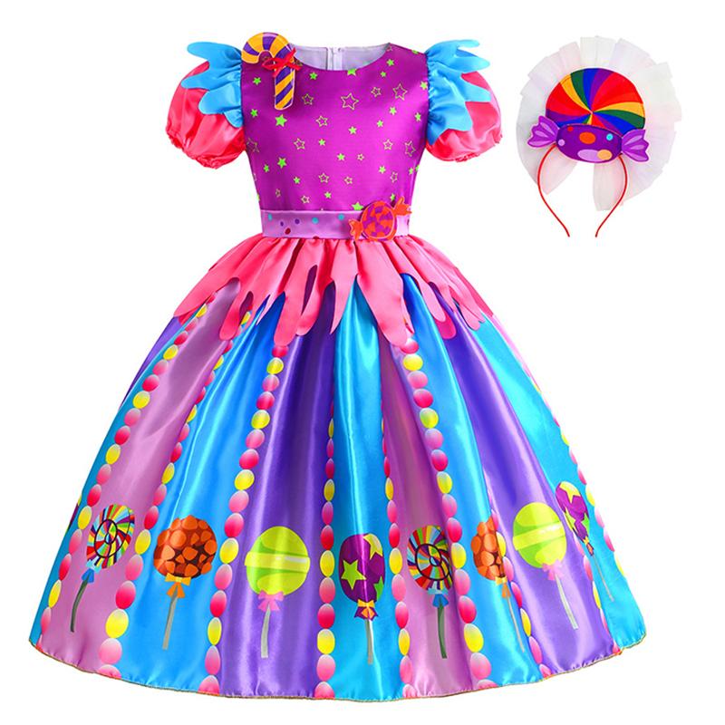 Girls Purim Festival Lollipop Costume Chidrens Puff Sleeve Candy Costume Kids Sweet Lollipop Print Birthday Party Dresses