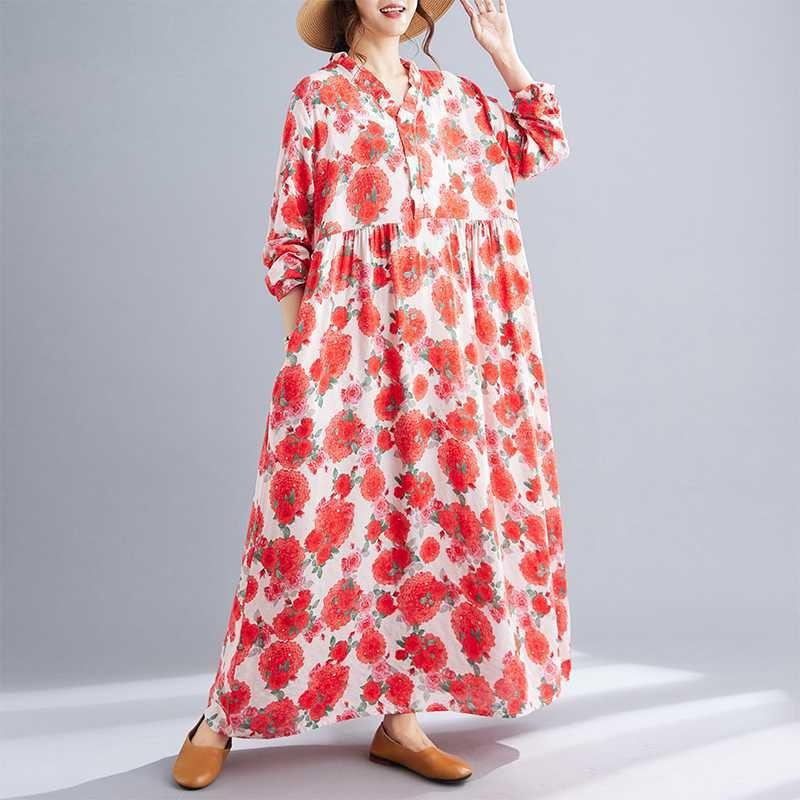 Neue Böhmische Vintage Bedruckte Locker Langarm Großer Schwung Lange Kleider