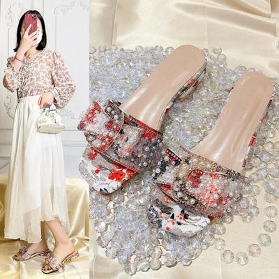 Pearl Slippers Female Summer Wear Out Coarse Heel Color Everything Fashion Rhinestone Sandals Large Size Women's Shoes 41