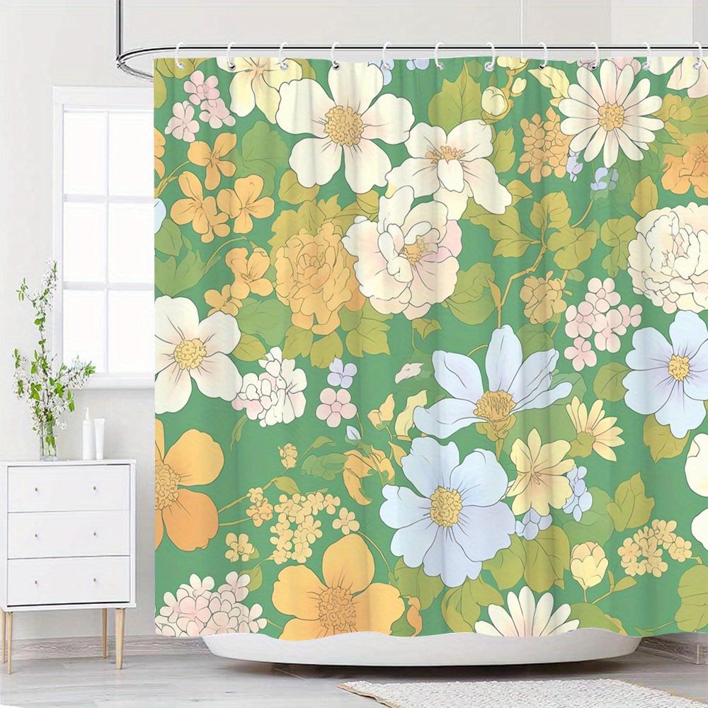 

Vintage Floral Shower Curtain – Green Background, Multi-Color Blooms 2D Flat Print, Waterproof Polyester, 70×70 , 12 Hooks W60H190(CM)-1 Pcs