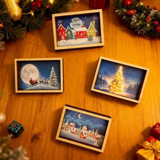 Mini Framed Christmas Pictures Wooden Xmas Scenes Decorations Miniature Framed Christmas Ornaments for Festive Decor DIY Craft