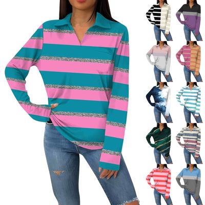 T-shirt décontracté à manches longues et col en V pour femme, imprimé rayé, à revers