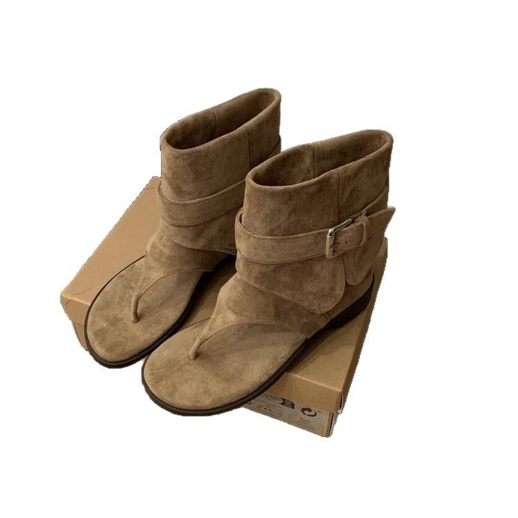 Französische Sandalen aus weichem Leder mit Fischgrätenmuster für Damen, Sommer 2025, neue weiche, flache Sohle, coole Stiefel mit lockerem Schaft, Lager-Röhren-Kurzstiefel