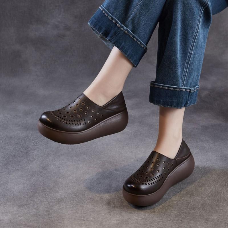 Johnature Echtes Leder Ausgeschnittene Keilsandalen mit dicker Sohle Bequeme und atmungsaktive Damen-Schlupfschuhe