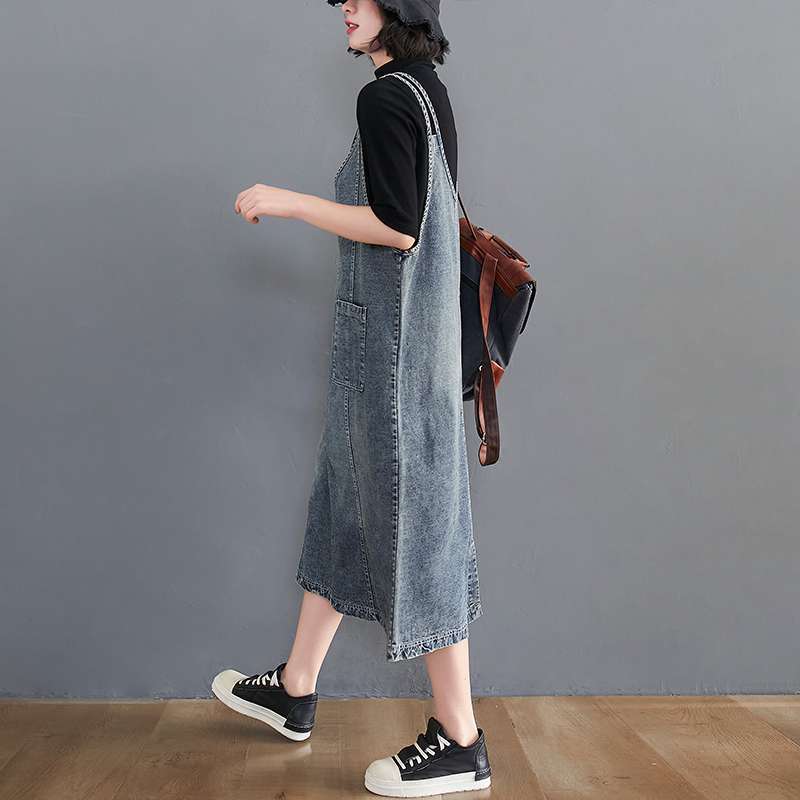 Abito estivo da donna, abito senza maniche, elegante, lungo, ampio, in denim blu, abiti basici