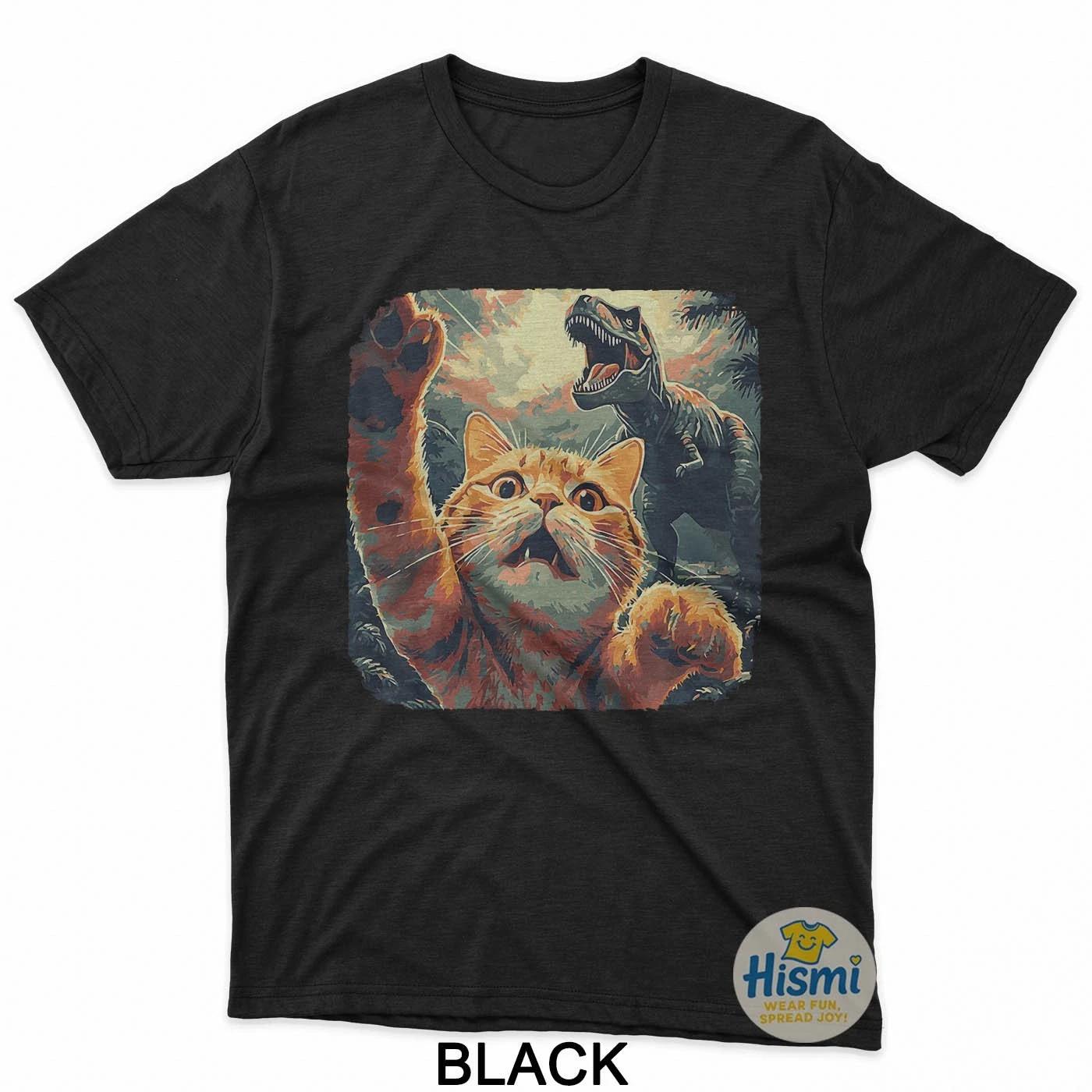 Funny Cat Selfie With T-Rex Dinosaur Cartoon Meme T-Shirt M
