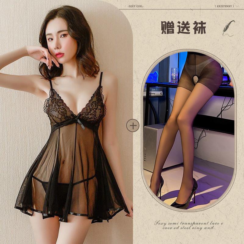 Sexy mesh pajamas erotic underwear perspective nightdress set suspender halter lace erotic loungewear