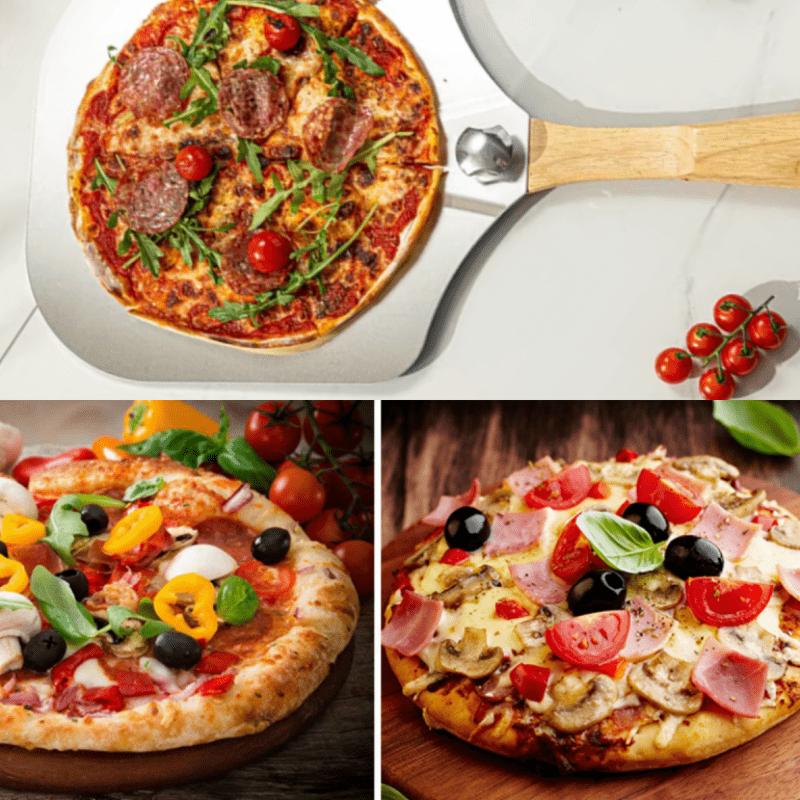 Pizza Shovel Aluminum Pizza Scraper 12inch Metal Pizza Spatula(12"x14") With a Swing Cutter and a Foldable Wooden Handle Suitable for Baking